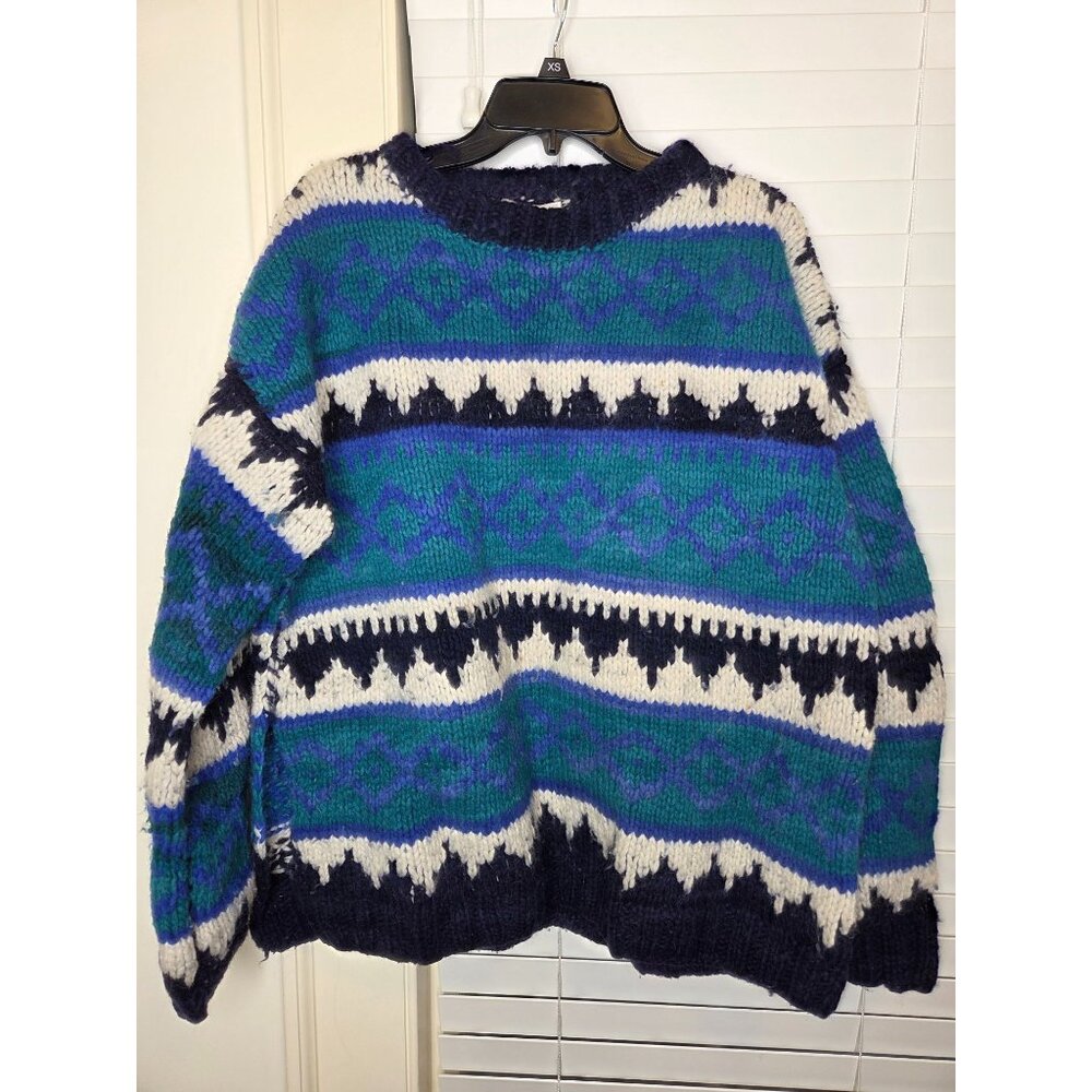 Mens Hand knit Wool Sweater Blue White Geometric Chunky Equador L Blike core